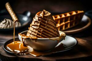 the waffle cone is topped with caramel and syrup. AI-Generated photo