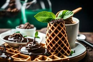 chocolate waffles with mint leaves and chocolate sauce. AI-Generated photo