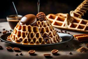 a waffle with chocolate and coffee beans on it. AI-Generated photo