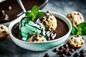 chocolate chip cookie dough ice cream with mint leaves and chocolate chips. AI-Generated photo