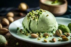 pistachio ice cream with pistachio nuts on a white plate. AI-Generated photo