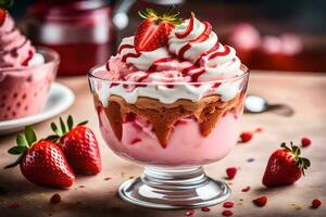 strawberry trifle with whipped cream and strawberries. AI-Generated photo