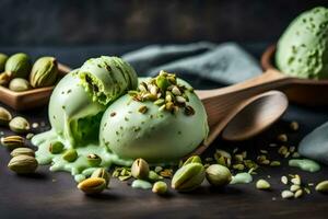 pistachio ice cream with pistachio nuts on a wooden spoon. AI-Generated photo