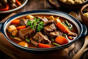 a bowl of stew with meat and vegetables on a wooden table. AI-Generated photo