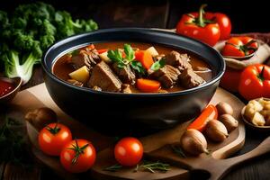 beef stew in a bowl with vegetables and herbs. AI-Generated photo