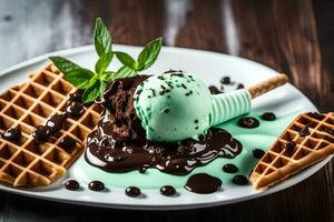 ice cream with chocolate and mint on a plate. AI-Generated photo