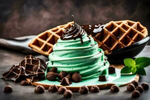 chocolate gofres con menta chocolate y azotado crema. generado por ai foto