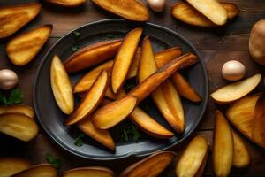 frito patatas en un plato en un de madera antecedentes. generado por ai foto