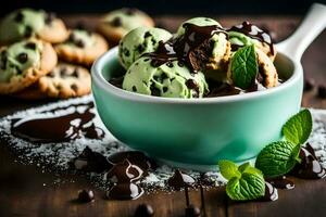chocolate mint ice cream in a bowl with cookies and mint leaves. AI-Generated photo