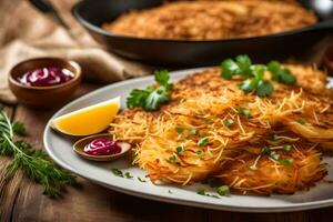 a plate of potato pancakes with a side of parsley. AI-Generated photo