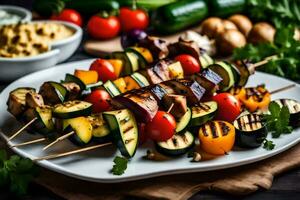 a plate of grilled vegetables with dip. AI-Generated photo