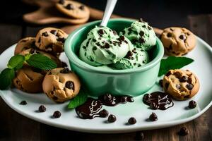 chocolate chip cookies and mint ice cream in a bowl. AI-Generated photo