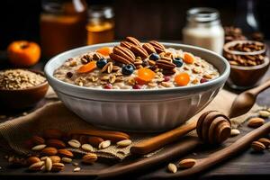 oatmeal with nuts and fruits in a bowl. AI-Generated photo