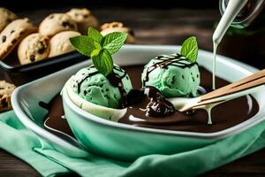 chocolate mint ice cream in a bowl with mint leaves and cookies. AI-Generated photo