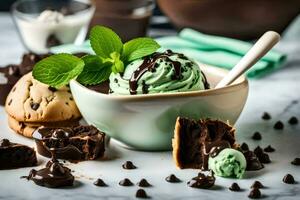 chocolate menta hielo crema en un cuenco con galletas y menta hojas. generado por ai foto