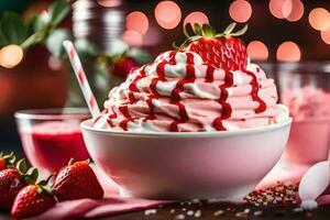 un cuenco de fresa hielo crema con azotado crema y fresas generado por ai foto