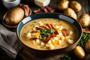 a bowl of potato soup with bacon and potatoes. AI-Generated photo