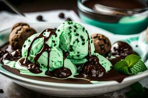 chocolate mint ice cream in a bowl. AI-Generated photo