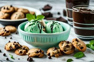 chocolate chip cookies and ice cream in a bowl. AI-Generated photo