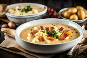 soup with potatoes and bacon in a bowl. AI-Generated photo