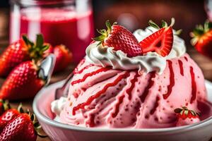 a bowl of ice cream with strawberries. AI-Generated photo