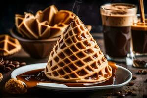 waffles with caramel and coffee on a wooden table. AI-Generated photo