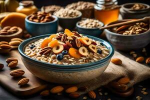 a bowl of oatmeal with nuts and dried fruits. AI-Generated photo