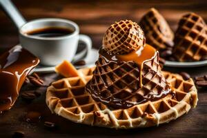 the waffle is topped with caramel and coffee beans. AI-Generated photo