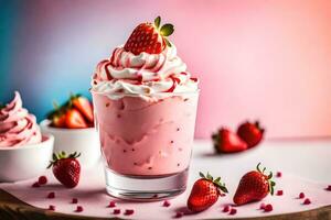 a strawberry milkshake with whipped cream and strawberries. AI-Generated photo