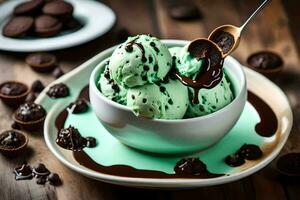 ice cream with chocolate and mint in a bowl. AI-Generated photo