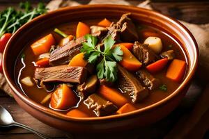 a bowl of beef stew with carrots and parsley. AI-Generated photo