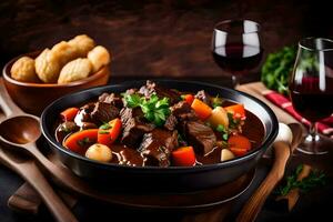 beef stew with vegetables and wine. AI-Generated photo
