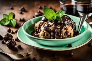 chocolate chip ice cream with mint leaves and chocolate chips. AI-Generated photo