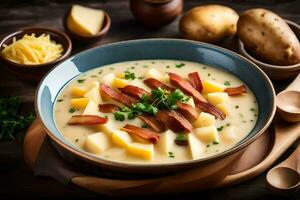 a bowl of potato soup with bacon and cheese. AI-Generated photo