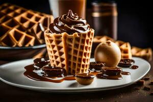a waffle with chocolate and caramel on a plate. AI-Generated photo