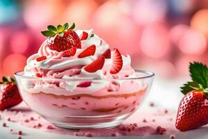 a bowl of strawberry ice cream with whipped cream. AI-Generated photo