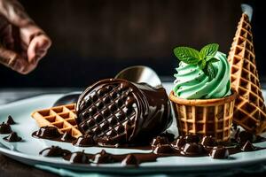 chocolate hielo crema con menta y gofres en un lámina. generado por ai foto