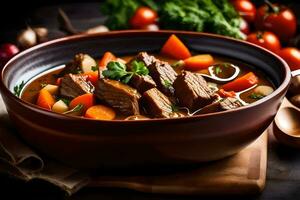 a bowl of beef stew with vegetables and herbs. AI-Generated photo