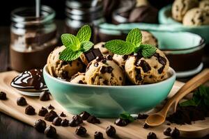 chocolate chip ice cream with mint leaves and chocolate chips. AI-Generated photo