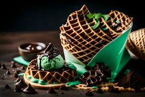 chocolate ice cream in waffle cone with mint leaves. AI-Generated photo