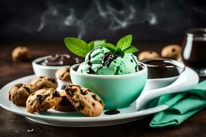 chocolate chip cookies and mint ice cream in a bowl. AI-Generated photo