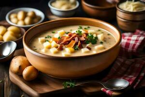 potato soup with bacon and cheese in a bowl. AI-Generated photo