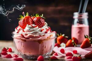 a strawberry milkshake with whipped cream and strawberries. AI-Generated photo