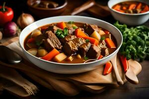 a bowl of beef stew with vegetables and carrots. AI-Generated photo