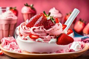 a strawberry sundae with whipped cream and strawberries. AI-Generated photo