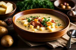 a bowl of potato soup with cheese and bacon. AI-Generated photo