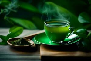 green tea in a cup on a wooden table. AI-Generated photo