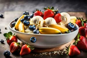 a bowl of ice cream with strawberries, blueberries and bananas. AI-Generated photo