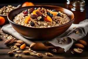 oatmeal with nuts and dried fruits in a bowl. AI-Generated photo