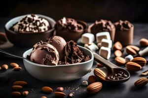 chocolate ice cream in a bowl with almonds and marshmallows. AI-Generated photo